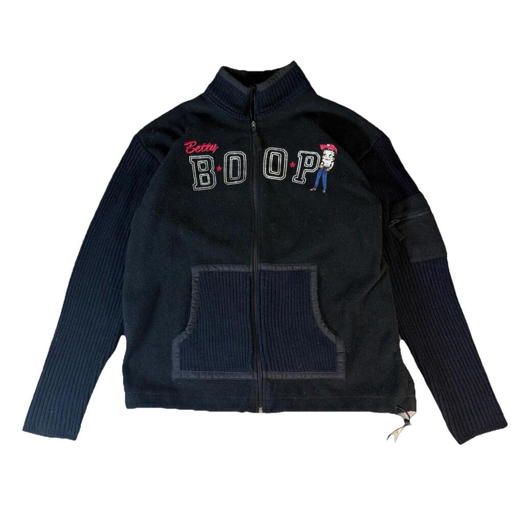 Vintage‎ Y2K Betty Boop Full Zip Fleece Sweater Black Embroidered Womens Medium